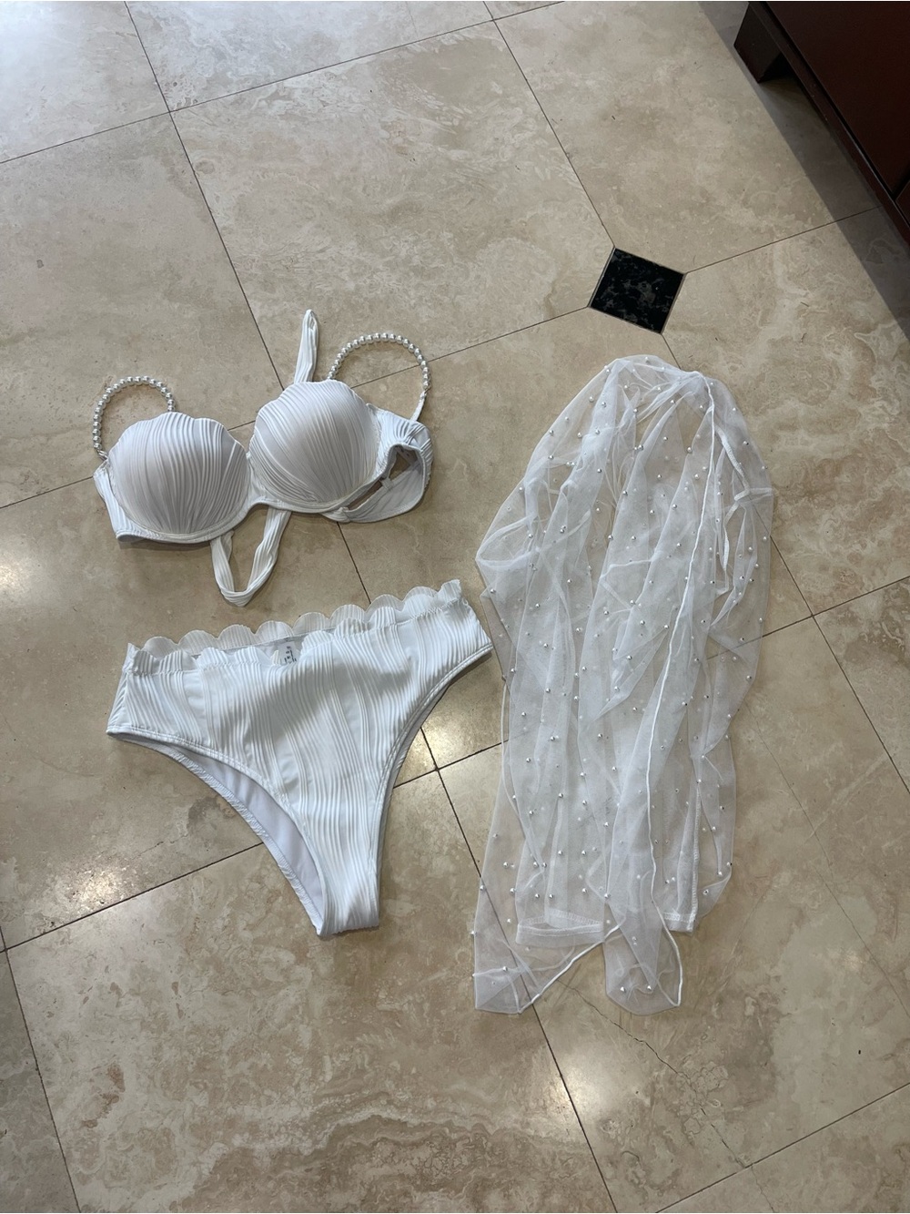 Wedding White Ribbed Bikini Set with Pearl-Strap Top and Beaded Cover Up